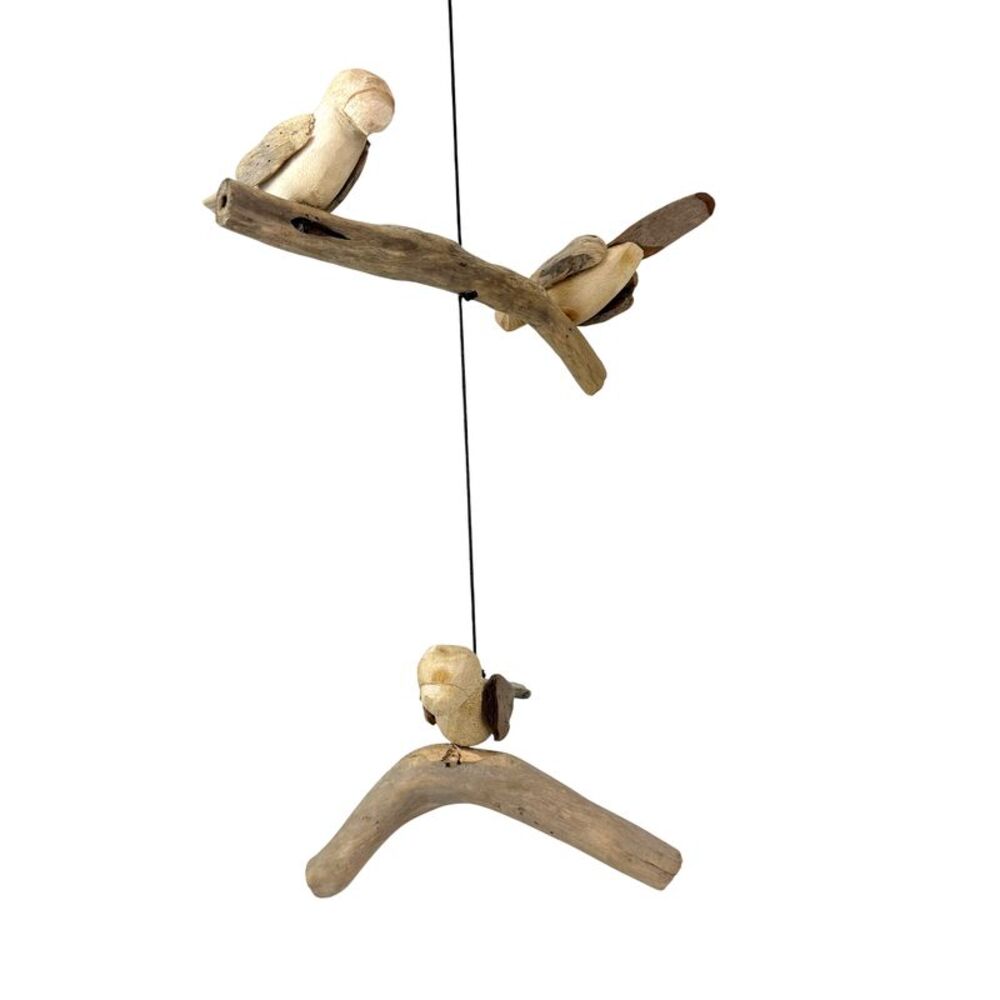 Hanging Bird Mobile Natural Driftwood Wood Sculpture 30 Inch Three Bird Decor